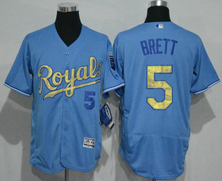 Men's Kansas City Royals #5 George Brett Retired Light Blue 2015 World Series Champions Gold Program Flex Base Jersey