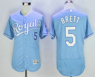 Men's Kansas City Royals #5 George Brett Retired Light Blue 2015 World Series Champions Gold Program FlexBase Jersey