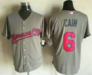 Men's Kansas City Royals #6 Lorenzo Cain Gray With Pink 2016 Mother's Day Baseball Cool Base Jersey