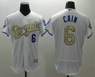 Men's Kansas City Royals #6 Lorenzo Cain Majestic White World Series Champions Gold Program FlexBase Player Jersey