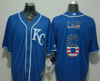 Men's Kansas City Royals #6 Lorenzo Cain USA Flag Fashion Blue New Cool Base Jersey