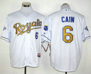 Men's Kansas City Royals #6 Lorenzo Cain White 2015 World Series Champions Gold Program Jersey