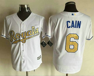 Men's Kansas City Royals #6 Lorenzo Cain White New Cool Base 2015 World Series Champions Gold Program Jersey