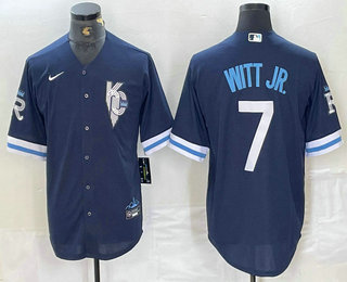 Men's Kansas City Royals #7 Bobby Witt Jr 2022 Navy Blue City Connect Cool Base Stitched Jersey