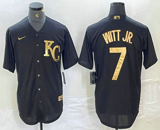 Men's Kansas City Royals #7 Bobby Witt Jr Black Gold Cool Base Stitched Jersey