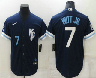 Men's Kansas City Royals #7 Bobby Witt Jr Number 2022 Navy Blue City Connect Cool Base Stitched Jersey