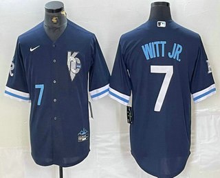 Men's Kansas City Royals #7 Bobby Witt Jr Number 2022 Navy Blue City Connect Cool Base Stitched Jersey
