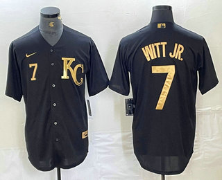 Men's Kansas City Royals #7 Bobby Witt Jr Number Black Gold Cool Base Stitched Jersey