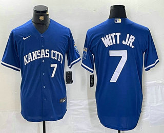 Men's Kansas City Royals #7 Bobby Witt Jr Number Blue Cool Base Stitched MLB Jersey