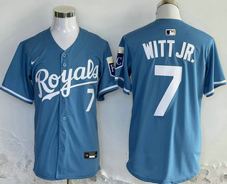 Men's Kansas City Royals #7 Bobby Witt Jr Number Light Blue Cool Base Stitched Jersey