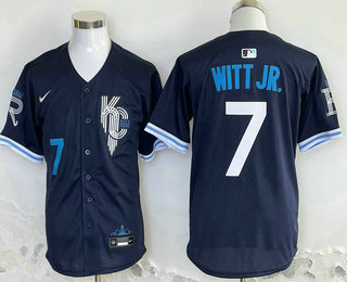 Men's Kansas City Royals #7 Bobby Witt Jr Number Navy Blue City Connect Cool Base Stitched Limited Jersey