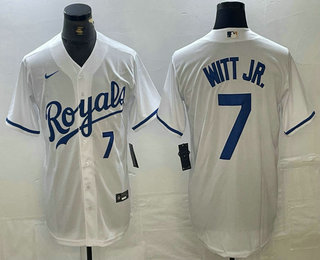 Men's Kansas City Royals #7 Bobby Witt Jr Number White Cool Base Stitched MLB Jersey 01