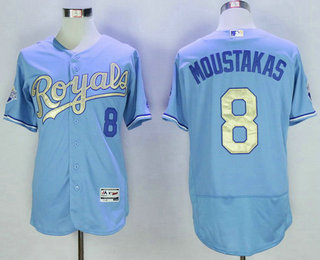 Men's Kansas City Royals #8 Mike Moustakas Light Blue 2015 World Series Champions Gold Program FlexBase Jersey