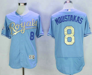 Men's Kansas City Royals #8 Mike Moustakas Light Blue FlexBase Authentic 2015 World Series Champions Gold Program Jersey