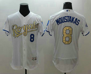 Men's Kansas City Royals #8 Mike Moustakas White 2015 World Series Champions Gold Program FlexBase Authentic Jersey