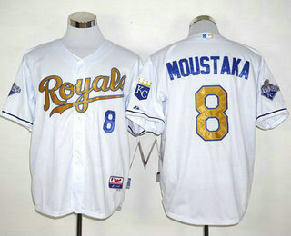 Men's Kansas City Royals #8 Mike Moustakas White 2015 World Series Champions Gold Program Jersey