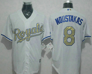 Men's Kansas City Royals #8 Mike Moustakas White New Cool Base 2015 World Series Champions Gold Program Jersey