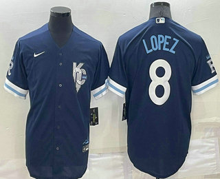 Men's Kansas City Royals #8 Nicky Lopez 2022 Navy Blue City Connect Cool Base Stitched Jersey