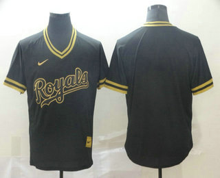 Men's Kansas City Royals Blank Black Gold Nike Cooperstown Legend V Neck Jersey