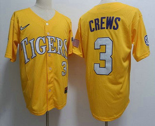 Men's LSU Tigers #3 Dylan Crews Yellow College Baseball Jersey