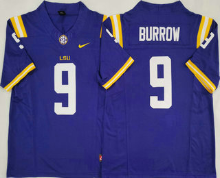 Men's LSU Tigers #9 Joe Burrow Purple FUSE College Football Jersey