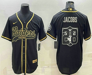 Men's Las Vegas Raiders #28 Josh Jacobs Black Gold Team Big Logo With Patch Cool Base Stitched Baseball Jersey