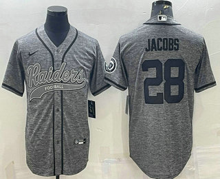 Men's Las Vegas Raiders #28 Josh Jacobs Grey Gridiron With Patch Cool Base Stitched Baseball Jersey