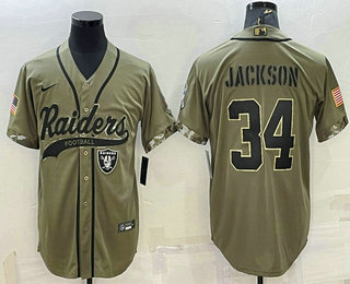 Men's Las Vegas Raiders #34 Bo Jackson 2022 Olive Salute to Service Cool Base Stitched Baseball Jersey