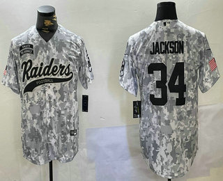 Men's Las Vegas Raiders #34 Bo Jackson Arctic Camo 2024 Salute to Service Stitched Baseball Jersey