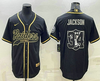 Men's Las Vegas Raiders #34 Bo Jackson Black Gold Team Big Logo With Patch Cool Base Stitched Baseball Jersey