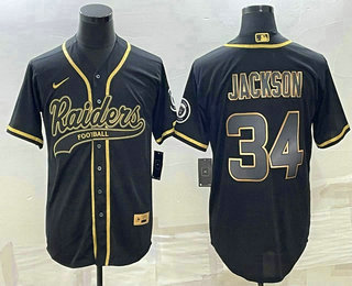 Men's Las Vegas Raiders #34 Bo Jackson Black Gold With Patch Cool Base Stitched Baseball Jersey