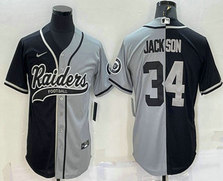 Men's Las Vegas Raiders #34 Bo Jackson Black Grey Split With Patch Cool Base Stitched Baseball Jersey