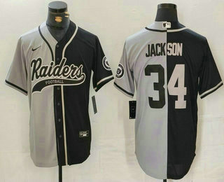 Men's Las Vegas Raiders #34 Bo Jackson Grey Black Split Cool Base Stitched Baseball Jersey