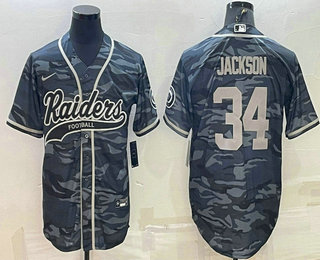 Men's Las Vegas Raiders #34 Bo Jackson Grey Camo With Patch Cool Base Stitched Baseball Jersey