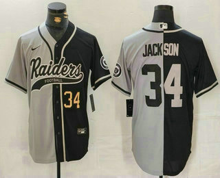 Men's Las Vegas Raiders #34 Bo Jackson Number Grey Black Split Cool Base Stitched Baseball Jersey