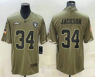 Men's Las Vegas Raiders #34 Bo Jackson Olive 2022 Salute To Service Limited Stitched Jersey