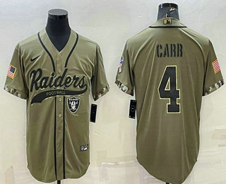 Men's Las Vegas Raiders #4 Derek Carr 2022 Olive Salute to Service Cool Base Stitched Baseball Jersey