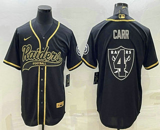 Men's Las Vegas Raiders #4 Derek Carr Black Gold Team Big Logo With Patch Cool Base Stitched Baseball Jersey