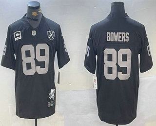 Men's Las Vegas Raiders #89 Brock Bowers Black 2024 FUSE Nevada Silver Stat Patch And 65th Patch Stitched Jersey