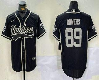 Men's Las Vegas Raiders #89 Brock Bowers Black With Patch Cool Base Stitched Baseball Jersey 002