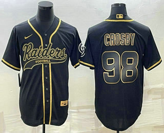 Men's Las Vegas Raiders #98 Maxx Crosby Black Gold With Patch Cool Base Stitched Baseball Jersey