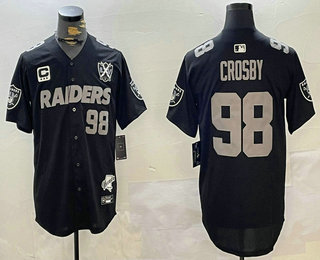 Men's Las Vegas Raiders #98 Maxx Crosby Black Nevada Silver State And 65th Patch Stitched Baseball Jersey