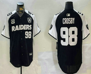 Men's Las Vegas Raiders #98 Maxx Crosby Black Thanksgiving Nevada Silver State And 65th Patch Stitched Baseball Jersey