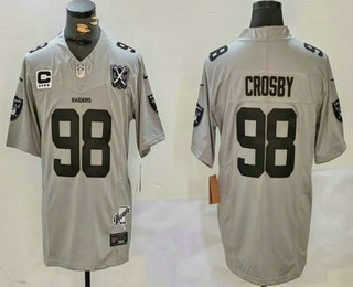 Men's Las Vegas Raiders #98 Maxx Crosby Grey 2024 FUSE 65th Patch Vapor Throwback Stitched Jersey