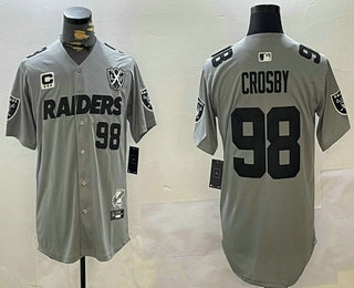 Men's Las Vegas Raiders #98 Maxx Crosby Grey Nevada Silver State And 65th Patch Stitched Baseball Jersey