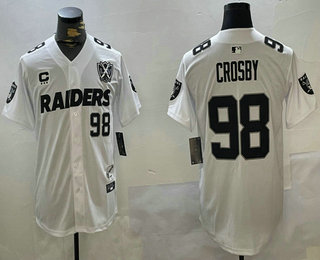 Men's Las Vegas Raiders #98 Maxx Crosby White Nevada Silver State And 65th Patch Stitched Baseball Jersey