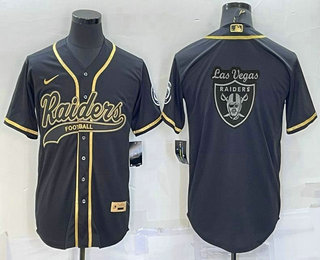 Men's Las Vegas Raiders Black Gold Team Big Logo With Patch Cool Base Stitched Baseball Jersey