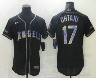 Men's Los Angeles Angels #17 Shohei Ohtani Black Colorful Stitched Flex Base Nike Jersey