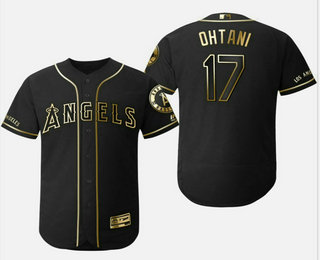 Men's Los Angeles Angels #17 Shohei Ohtani Black Gold Stitched MLB Flex Base Jersey