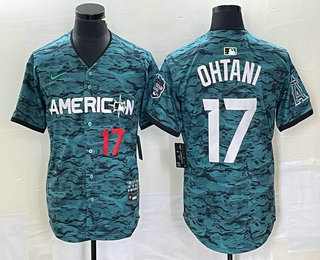 Men's Los Angeles Angels #17 Shohei Ohtani Number Teal 2023 All Star Cool Base Stitched Jersey 01